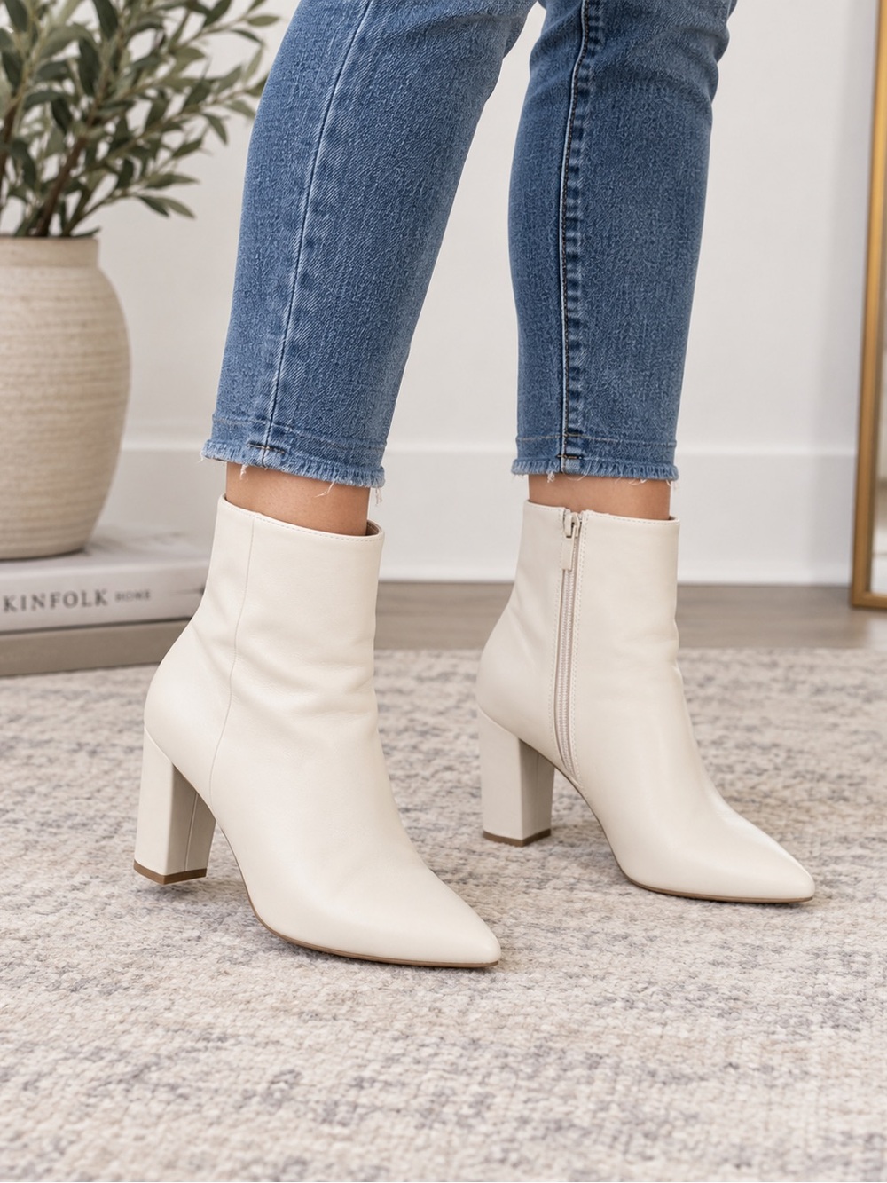 Windsor Cream Pointed Toe Block Heel Ankle Boots